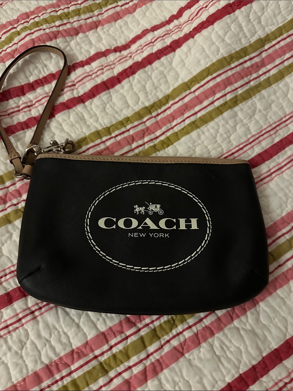 Coach vintage Black Wristlet with Tan Trim and White Logo